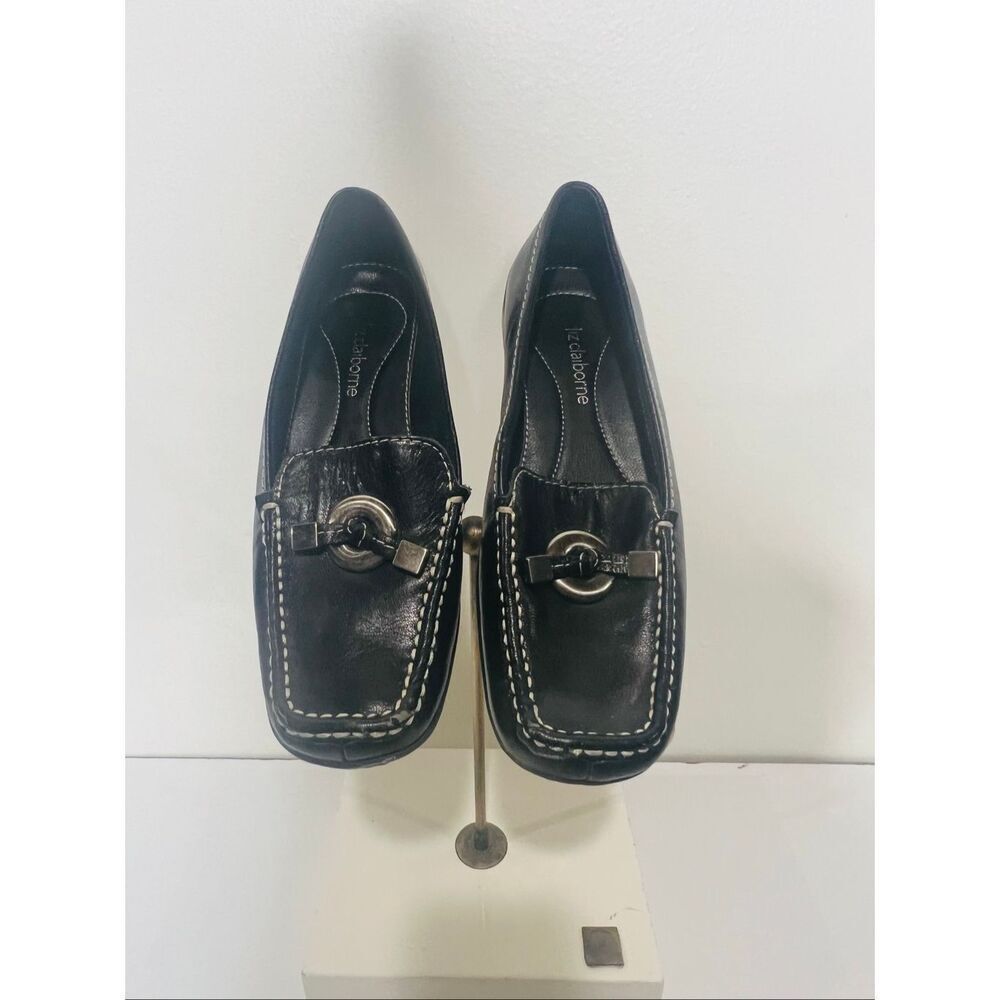 Liz Claiborne Africa 2 Black Leather Loafers Silver Circle Hardware Sz 6M